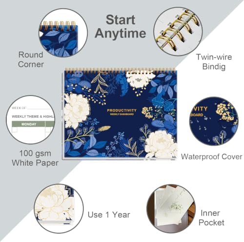 Weekly Productivity Dashboard - 8.5" x 11" Dashboard Desk Notepad Has 6 Focus Areas to List Tasks for Goals, Projects, Clients, Academic or Meal-Organize Your Daily Work Efficiently, 54 Weeks, Blue Leaf Flower