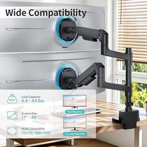 Dual Monitor Arm for 17"-49" Monitors with USB, 44 lbs, VESA 75/100, Black