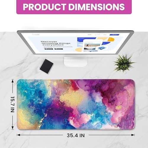 Aesthetic Desk Mat, Cute Color Splash Desk Pad Protector for Work & Decor, 35.4" x 15.7", Pretty Non-Slip Extended Mouse Pad for Office or Home