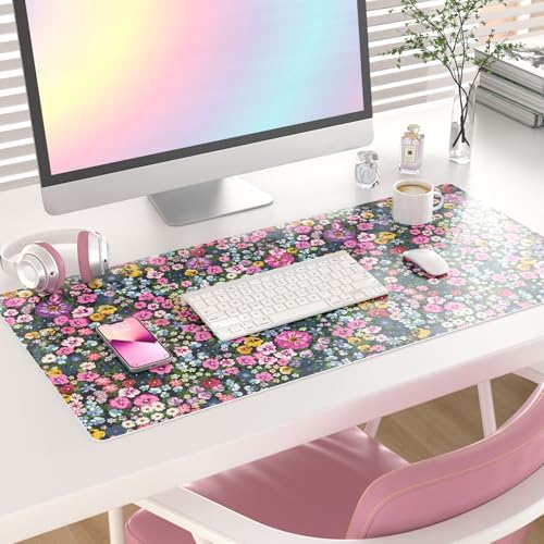 Faux Leather Large Mouse Pad, Office Desk Mat, 31.5"x15.7", Blooming Flower