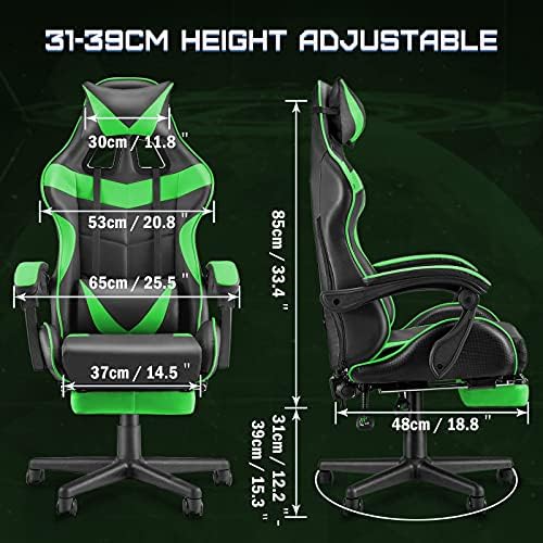 Huracan Gaming Chair with Footrest, Ergonomic Computer Chair Lumbar Support, Adjustable High Back Recliner for Adults, Racing Style Video Gaming Chairs, for Home Office Streaming, Green