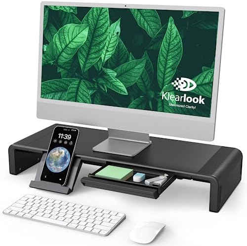 Klearlook Computer Monitor Stand for Desk, Adjustable Foldable Monitor Riser with Storage Drawer & Tablet Phone Holder for Office, Home, Laptop, Desktop (Black 2 Pack)