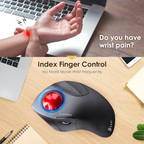 SANWA 3-Device Wireless Trackball Mouse, Index Finger 44mm Roller Ball Mice