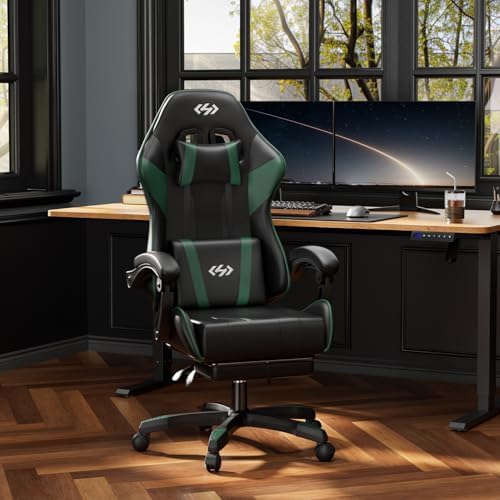 HLDIRECT Gaming Chair with Footrest, Lumbar Support & Headrest, Black&Green