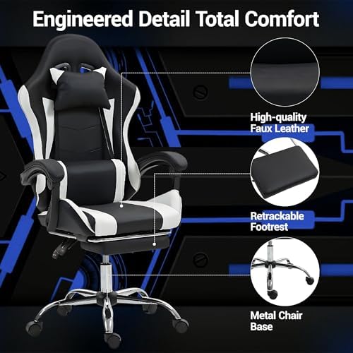 Ergonomic Gaming Chair with Massage Lumber， White Video Game Chair w/Footrest for Adults Kids, Adjustable Headrest & Lumbar Support, 360° Swivel for Home Office Bedroom Gaming Room