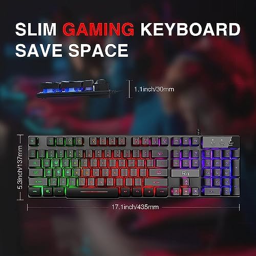 Rii RK100+ Multiple Color Rainbow LED Backlit Large Size USB Wired Mechanical Feeling Multimedia PC Gaming Keyboard,Office Keyboard for Working or Primer Gaming,Office Device(New RK100+)