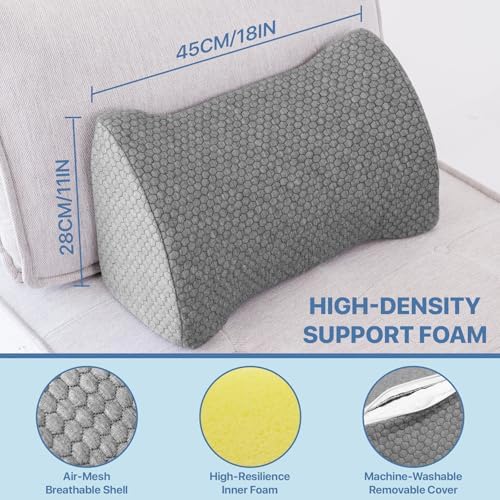 Lumbar Support Pillow Memory Foam Breathable Support for Office Chair, Car Seat, Sofa, Bed - Relieves Back, Spine, Neck Pain for Ergonomic Comfort Light Gray 18 * 11 * 7.5in
