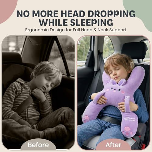Kids Car Sleeping Pillow, H-Shaped for Neck & Back Support, Purple Rabbit
