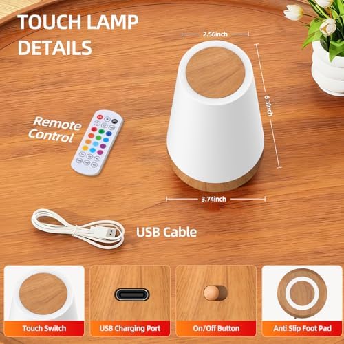 Night Light, Dimmable Touch Lamp and Remote Control, 13 RGB Colors & 5 Brightness, Rechargeable Bedside Table Lamp for Baby Kids Nursery Bedroom Bathroom Camping (Wood Grain)