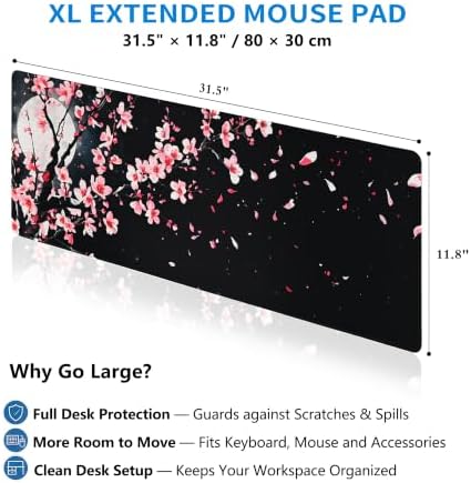 Extended Cherry Blossom Desk Mat, XL Large Gaming Mouse Pad, Japanese Sakura Moon Stitched Edges Waterproof with Non-Slip Rubber Base for Computer Keyboard Laptop Work Home Office 31.5"x11.8"