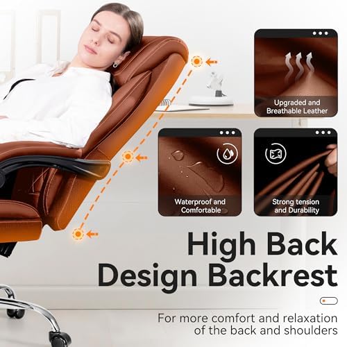 Office Chair, Executive Leather Chair Adjustable High Back, Ergonomic Computer Desk Chair Lumbar Support, Big and Tall Office Chair with Footrest, Comfy Reclining Chair for Home Office