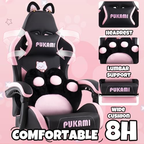 Black Gaming Chair with Cat Ears and Cat Paw Lumbar Cushion, Ergonomic Gaming Computer Desk Chair with Footrest and Linked Armrests, Comfortable Cute Cat PU Leather Game Chair for Girls and Adults