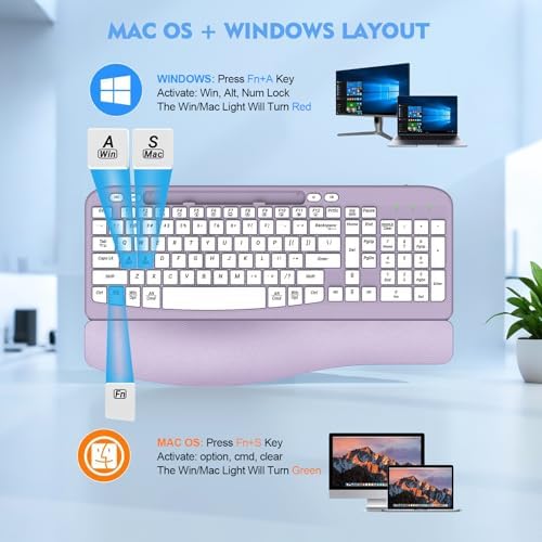 EAYBLLY 2.4G Wireless Ergonomic Keyboard, Full Size Wave Keys with Memory Foam Wrist Rest & 7.28in Phone Holder, USB-C Adapter Included for Windows Mac Chrome OS, Office or Home (Purple)