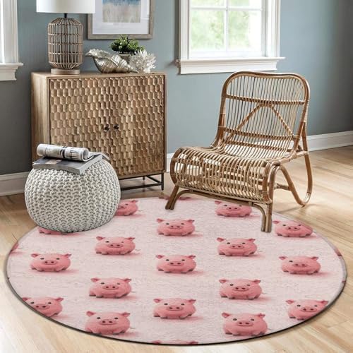 Men's Large Home Decor Mat, Soft Round Yoga Carpet, Non Slip Machine Washable Home Office Circle Rug Pink Pig