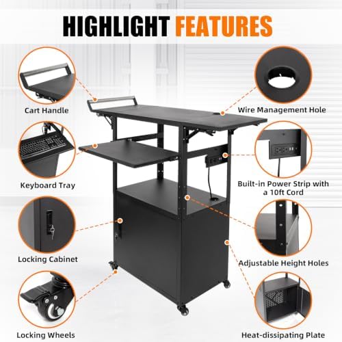 Large Mobile AV Cart with Locking Cabinet and Drop Leaves, Height Adjustable Steel AV Cart with Wheels and Power, Rolling Computer Cart with Pullout Keyboard Tray for Office, Warehouse &Classroom