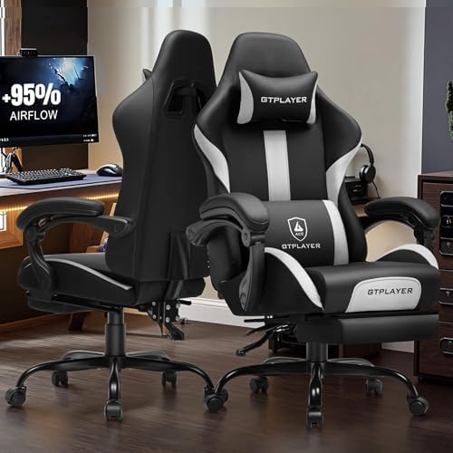 GTPLAYER Gaming Chair with Pocket Spring Cushion, Leather Office Chair with Ergonomic High Back & Lumbar Support for Back Pain Relief, Computer Game Chair for Adults, White/Black