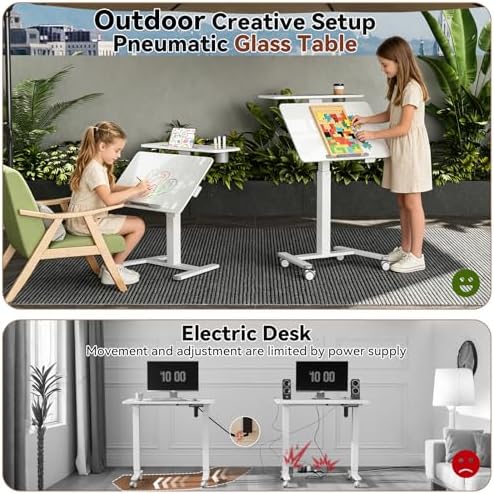 28" Glass Standing Desk, Tiltable Top with 2-Tier Shelves, White