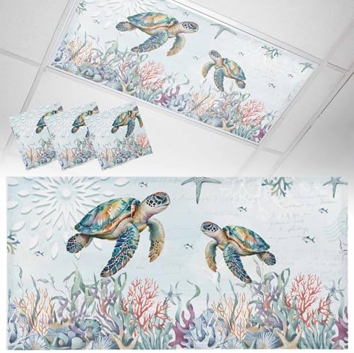 Watercolor Turtle Magnetic Fluorescent Light Covers for Ceiling Lights 2 x 4 Feet,Coastal Coral Seaweed Vintage Blue Office Classroom Kitchen Drop Ceiling Light Covers Filters Shade Panel 3 Packs