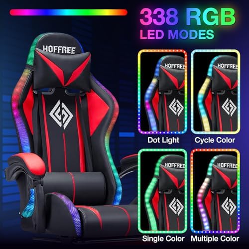 HOFFREE LED Gaming Chair with Massage RGB Lights Computer Game Chair-Red