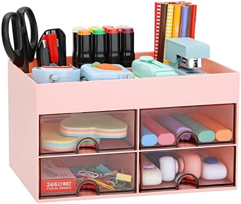 LETURE Office Desktop Organizer with Drawer, Desk Top Accessories Stationary Organizer Desk Caddy, Pen/Pencil/Business Card/Sticky Note Tray/Paperclip Holder Storage Box (Pink)