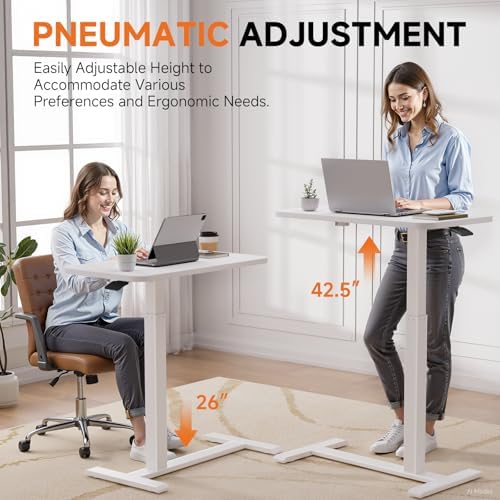 GTPLAYER Small Standing Desk with Hidden Wheels, Pneumatic Mobile Rolling Laptop Desk, Adjustable Height Overbed Bedside Table Computer Workstation for Home Office (32" W x 16" D, White)