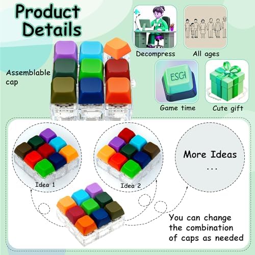 Keyboard Fidget Toy, Keyboard Fidget Keychain 9-in-1 Keyboard Decompression Button Finger Clicker Toys Stress Relief Fidget Gifts (Bright)