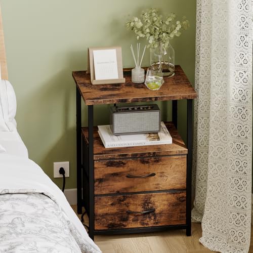 Fixwal Night Stand with Charging Station, 2 Fabric Drawers, Rustic Brown