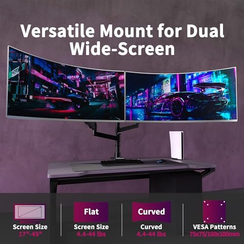 Dual Monitor Arm for 17-49 Inch Ultrawide Screens, Dual Monitor Mount Heavy Duty up to 44lbs, Adjustable Vertical Stacked Full Motion Dual Monitor Arm Desk Mount, 75/100mm VESA Mount, Black