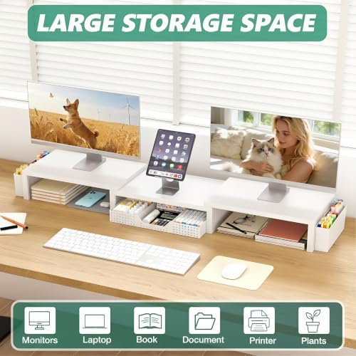 OPNICE Desk Organizer and Accessories, Computer Monitor Stand Riser with Drawer and 2 Pen Holders, Laptop Stand, Office Desk Accessories for Office Supplies, White