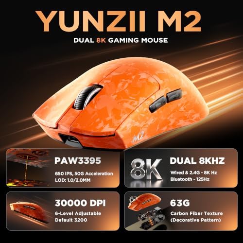 YUNZII M2 Dual 8K Wireless Gaming Mouse,PAW3395,6-Level DPI(Orange)