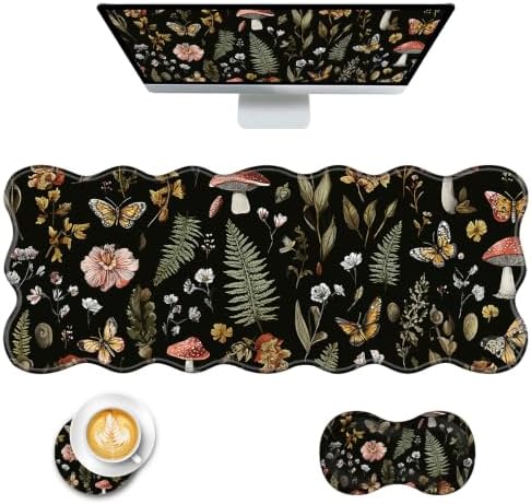 Mouse Pad with Wrist Support + Desk Mat + Coaster 3 in 1 Set, XL Large Gaming Mousepad Ergonomic Mouse Pads for Desk Computer Laptop Office,Magic Mushrooms