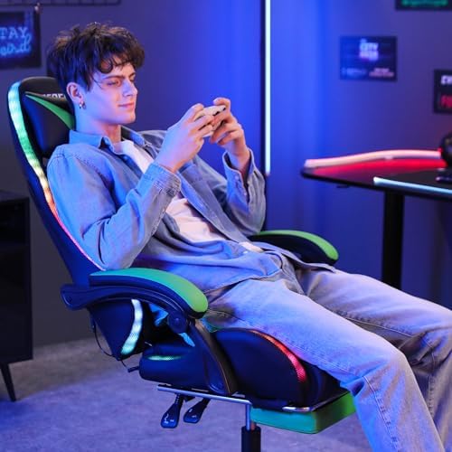HOFFREE RGB Gaming Chair with Speakers Massage LED Lights Game Chair-Green
