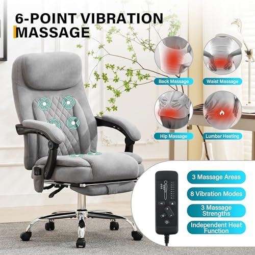 6-Point Massage Office Chair with Heated, Ergonomic Office Chair with Footrest & 45°Reclining High Back, Big and Tall Executive Office Chair 500LBS, Thick Cushion Desk Chair for Home Office, Grey