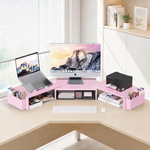 AUPSEN Dual Monitor Stand Riser with 2 Pen Holders, Desk Organizer, Pink