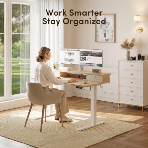 CubiCubi 55 x 28 Inch Electric Standing Desk with 2 Drawers, Maple
