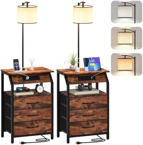 End Table with Floor Lamp Set of 2, Nightstand with Charging Station, Floor Lamp Table with 3-Color Temperature Bulb, Bedside Table Night Stand with 3 Drawers for Bedroom, Living Room, Retro