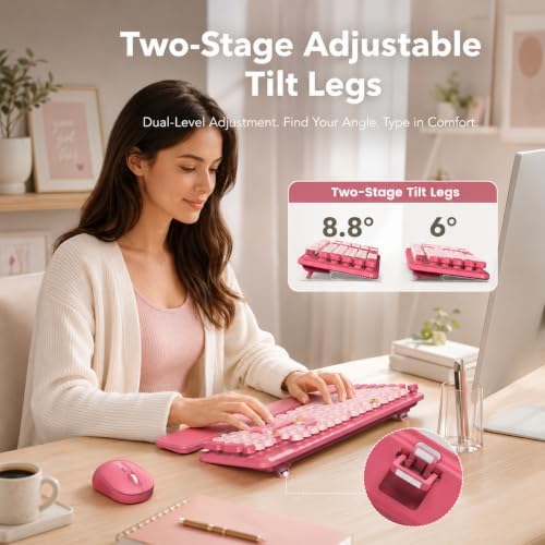 Wireless Keyboard and Mouse Combo, Round Keycaps, Magnetic Wrist Rest, Pink