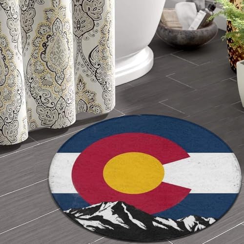 Women's Large Home Decor Mat, Soft Round Yoga Carpet, Non Slip Machine Washable Home Office Circle Rug Colorado Flag Vintage Mountain