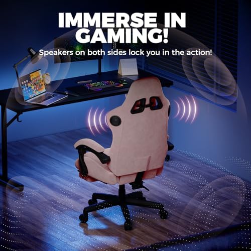 GTPLAYER ACE-PRO Music Gaming Chairs – Built-in Speakers, App Support & Bluetooth Control, Computer Game Chairs with Footrest for Adults, Ergonomic Reclining Silla, Linkage Armrest, Pink 【Velvet】
