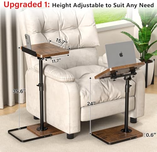 TV Tray Table for Couch, Height Adjustable/360° Swivel/180° Flip-Over Panel Design C-Shaped End Table, Sofa Arm End Side Table with Phone & Tablet Slot for Eating, Laptop,Couch Bed (Vintage Brown)