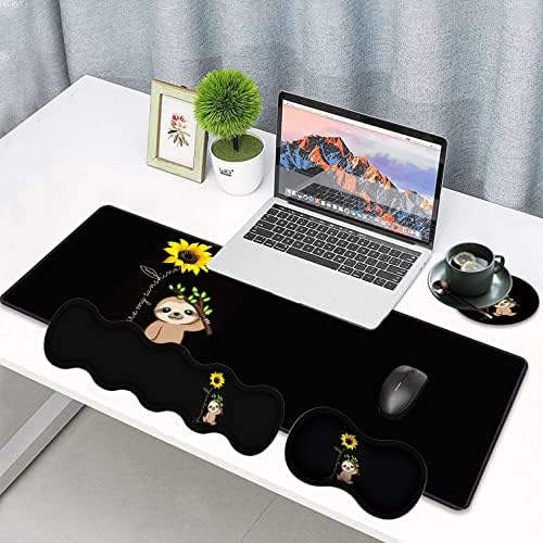 Large Gaming Mouse Pad, Keyboard Wrist Rest pad + Mouse Wrist pad + Coaster Set Extended Waterproof Non-Slip Table mat Suitable for Home Office Learning Games - Sunflower and Sloth