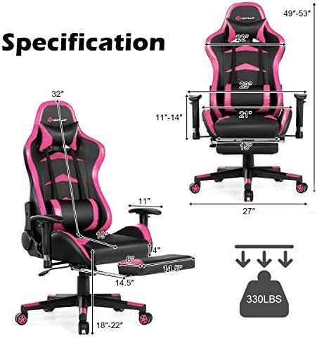 POWERSTONE Gaming Chair - Pink Ergonomic Gaming Chair with Footrest for Women Racing Esports Computer Chair High-Back Lumbar Massage Leather Recliner Rolling Swivel Chair (Pink)