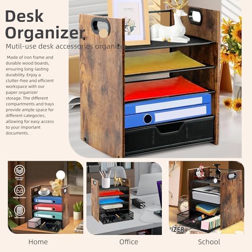 Desk Organizer, 5-Tier Desktop File Organizer with Drawer, Wooden Paper Tray Organizer, Office Desk Organzier and Accessories for Papers, Mail, Notebooks, Stationery