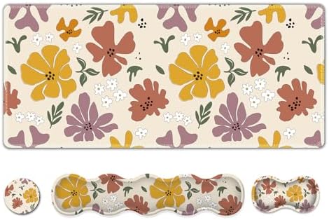 ARTSO Gaming Mouse Pad Wrist Support Set,Cute Flower Desk Mat+Mouse Pad with Wrist Rest +Keyboard Wrist Pad+Coaster,4-in-1 Mousepad Ergonomic Design for Home Office Game