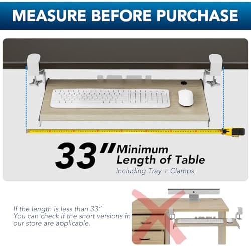 AX WABER Keyboard Tray Under Desk Pull Out with Extra Sturdy C Clamp Mount System, 27.3 (32.5 inch Including Clamps) x 11 Inch Slide-Out Platform Computer Drawer for Typing Grain