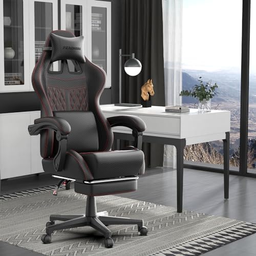 Ferghana Vintage PU Leather Gaming Chair, Ergonomic Reclining Racing Gamer Chair with Massage Lumbar Support, High Back Computer Office Chair with Footrest for Adults, Black