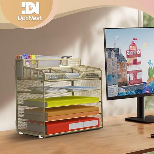 Docnest 5 Tier Mesh Desk Organizer with Letter Tray & Paper Sorter, Gold