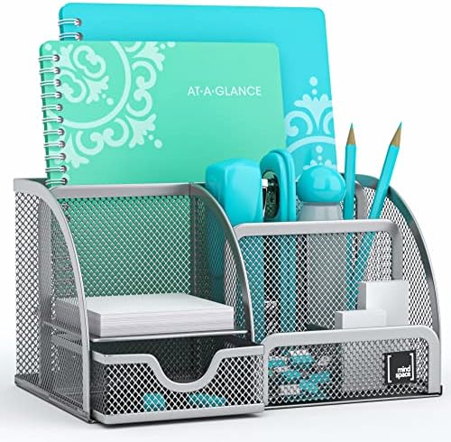 Mindspace Office Desk Organizer with 6 Compartments + Drawer + Pen & Pencil Holder | The Mesh Collection, Silver