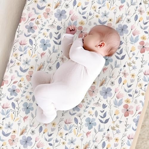 Spring Summer Pastel Flowers Leaves Baby Changing Pad Cover, Unisex Floral Nursery Diaper Changing Table Pad Mat Sheet for Boys Girls-16x32