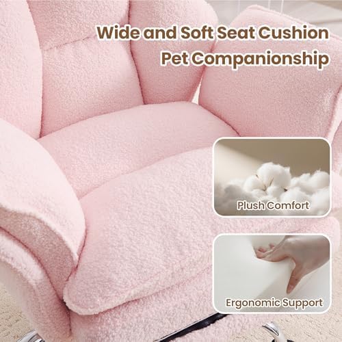 Big and Tall Office Chair with Flip Arms and Footrest, Teddy Criss Cross Legged Home Office Desk Chair with Pet Seat, Comfy Reclining Computer Gaming Chair, Pink
